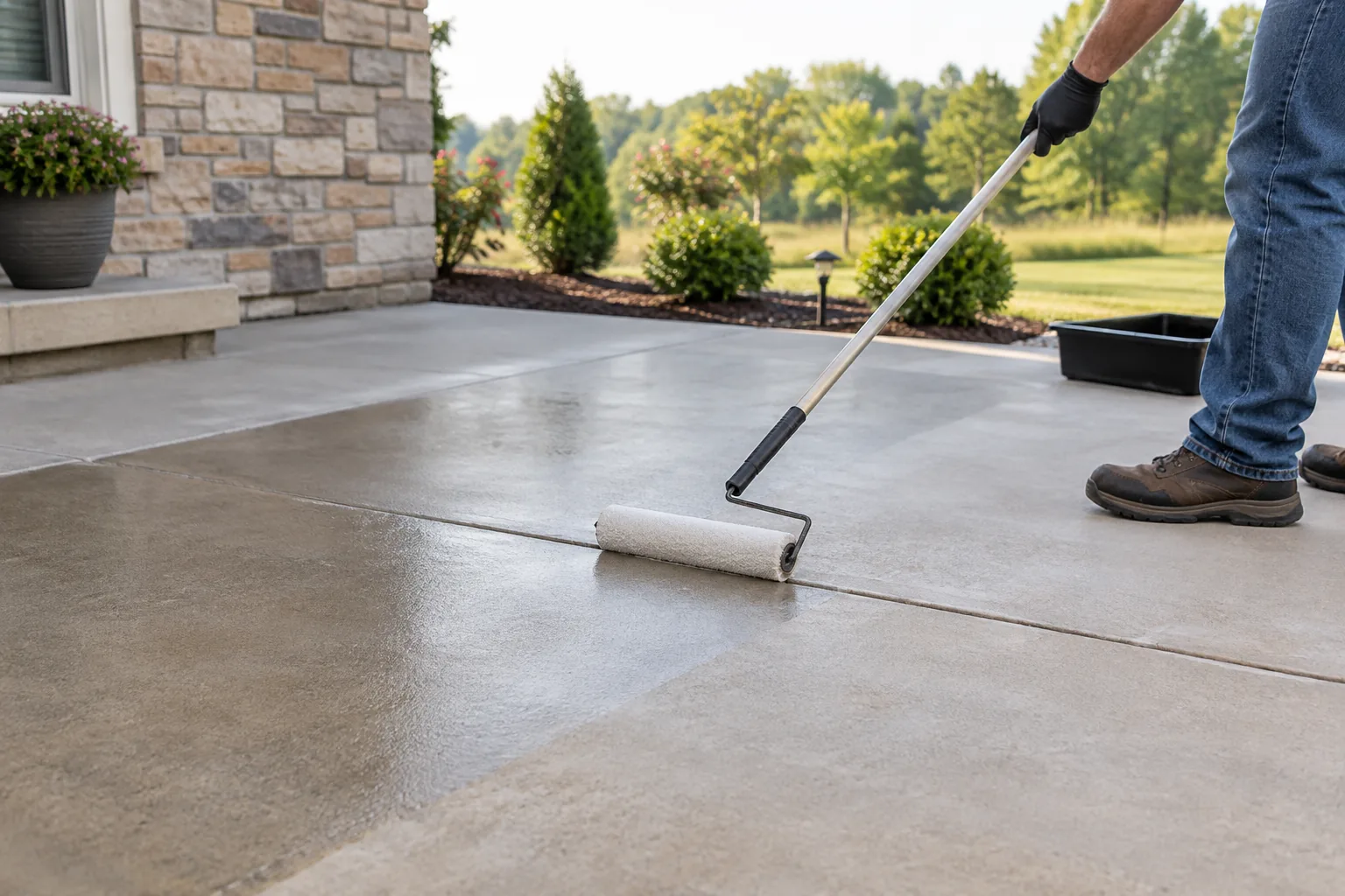 Representative concrete-sealing service photo showing sealer applied with a roller