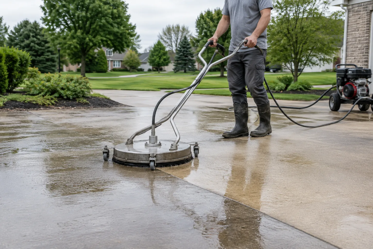 Representative pressure-washing service photo showing a concrete driveway surface cleaner